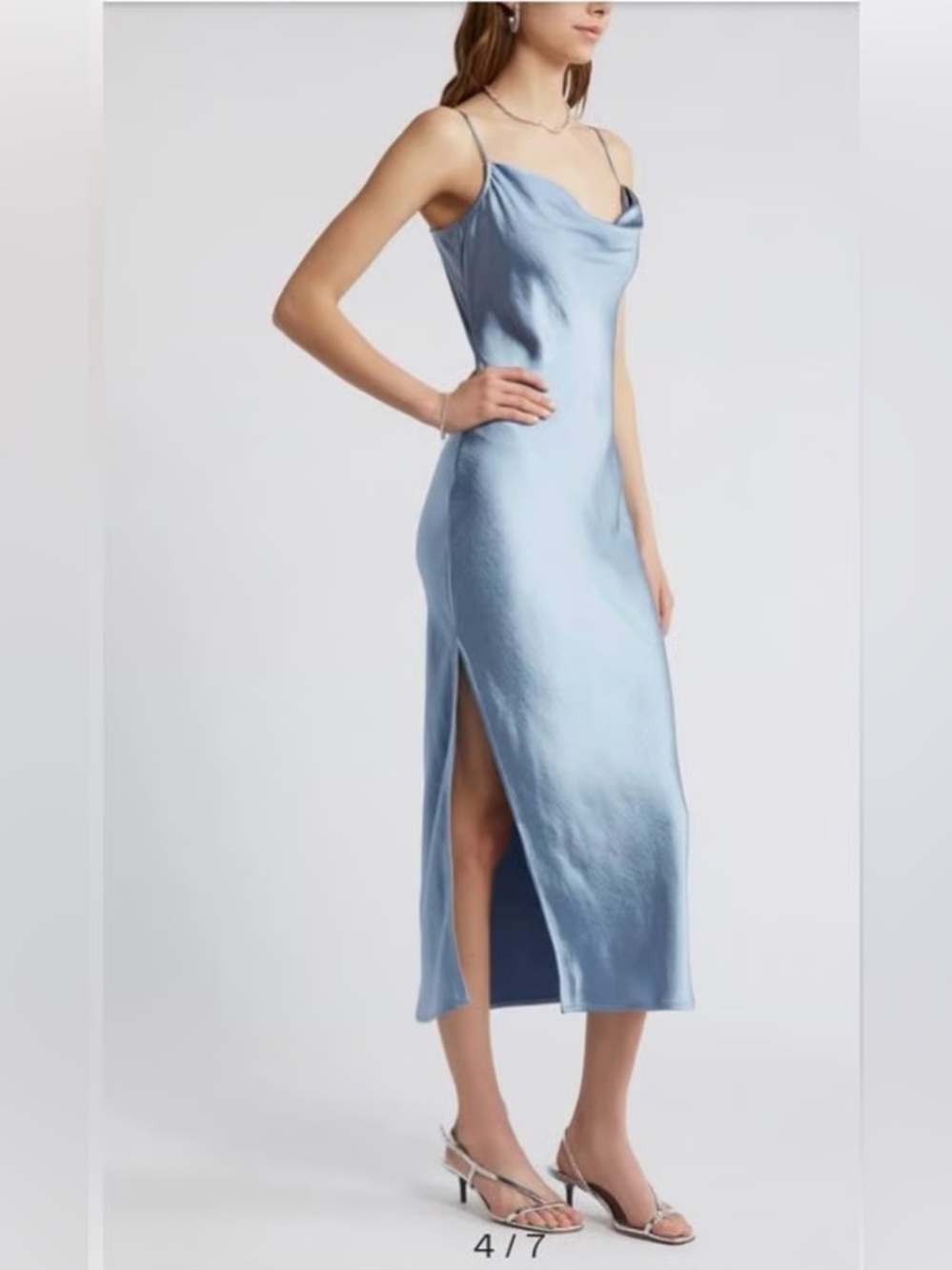 Open Edit Cowl Neck Satin Midi Slip Dress in Light Blue